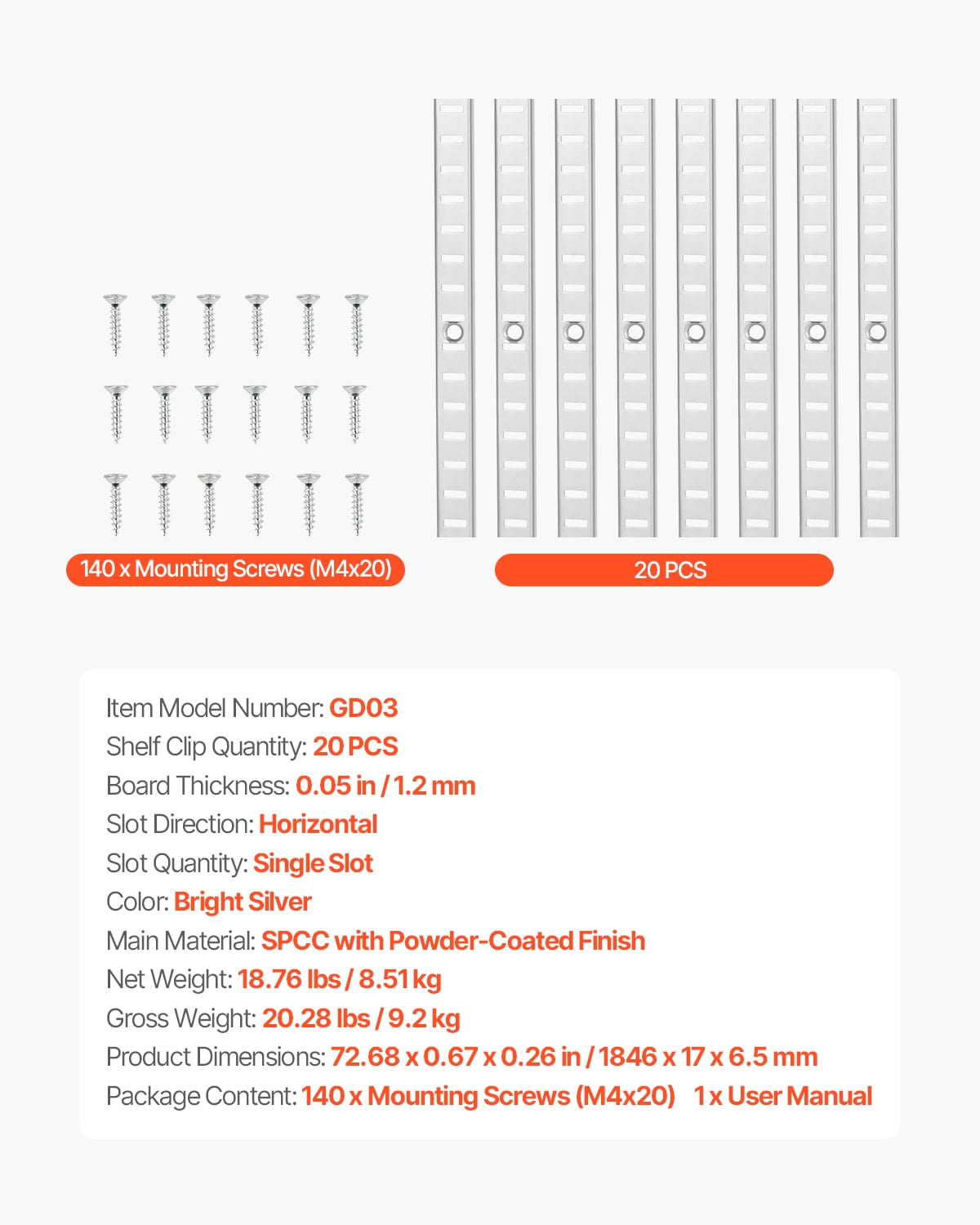 VEVOR Shelf Pilaster,72.7-inch 20 Pack, Adjustable Shelf Brackets Stainless Steel Mortise Mount Pilaster Strip Standards with 140 Screws, Suitable for Wall Shelving System Cabinet Closet Organization