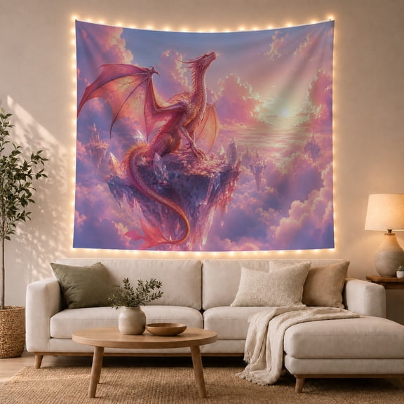 Pink Dragon on Floating Islands with Golden Sunbeams, Dreamy Fantasy for Anime Fans, Ethereal Wall Art Decor, Birthday Gift, Tapestry Wall Hanging for Bedroom and Dorm