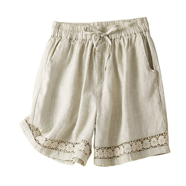 Pantalones cortos de lino finos de verano para mujer: encaje retro calado, cintura elástica, pantalones informales, tallas M-XXXL, tejido de algodón