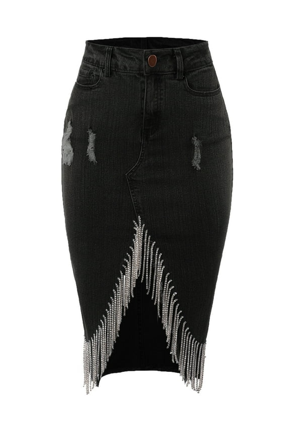 Women's Slim Fit Rayon Knee Length Rhinestone Front Slit Denim Jean Pencil Skirt Heather Black M