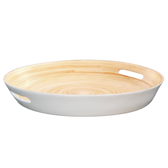 LEXA 15.7" Bamboo Round Serving Tray with Handles – Large Handcrafted Wooden Tray for Food, Ottoman, Coffee Table, Kitchen, or Charcuterie, White