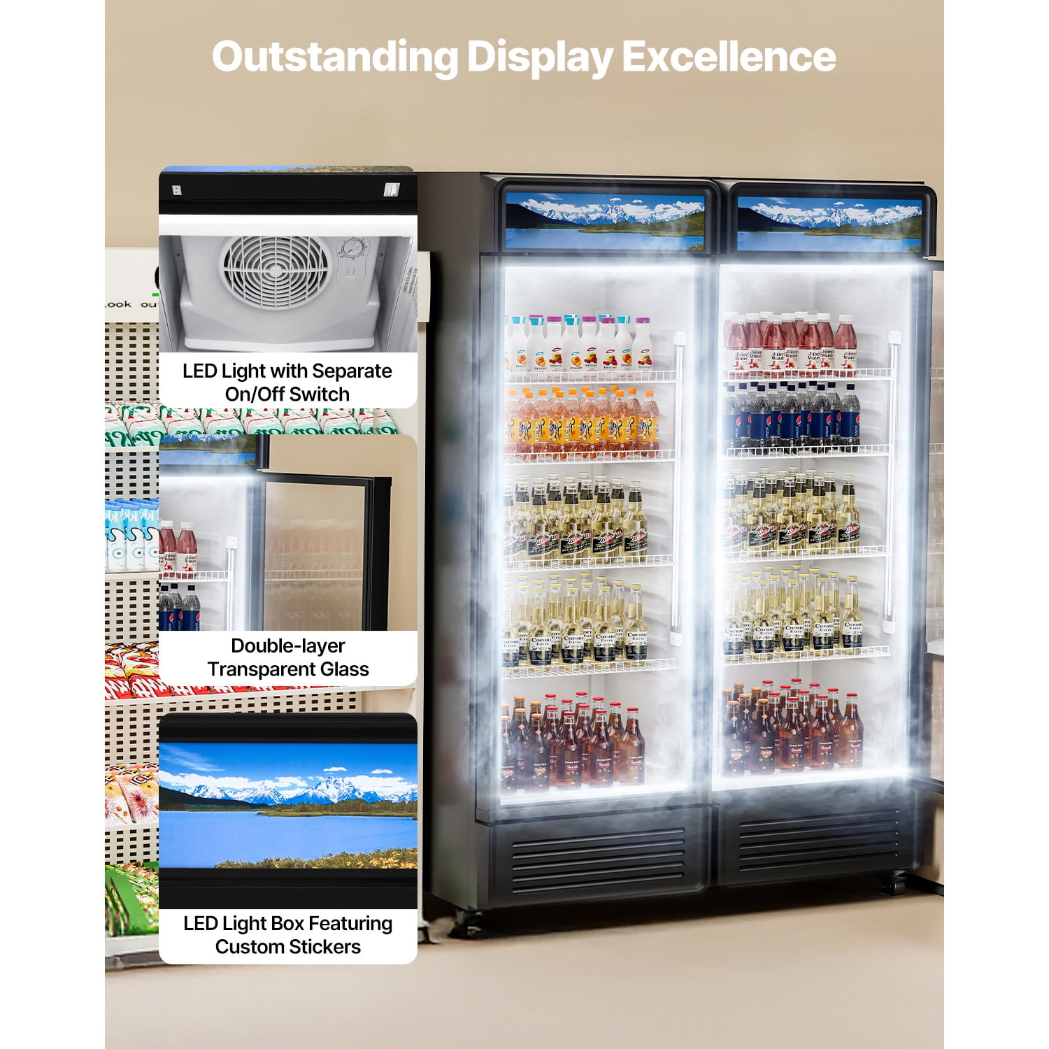 KFFKFF Business Fridge Merchandiser, 9.7 CU.FT Transparent Door Showcase Fridge, Drink Fridge Cooler Vendor with Modifiable Racks, Gentle LED Illumination, Personalizable Illuminated Sign, Dark