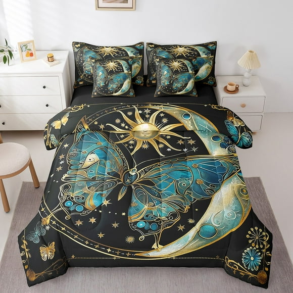 7 Piece Sun and Moon Bed in a Bag Twin Size Butterfly Print Bedding Sets for Boys Girls Kids Bohemian Gothic Style Comforter Set with Sheets 3D Wild Animal Bed Set Teal Gradient Sheets