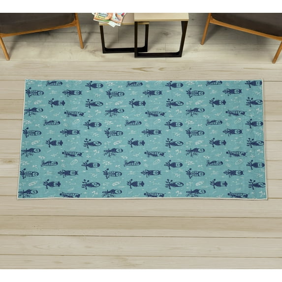 Owl Decorative Rug, Cartoon Style Illustration of Birds on the Branches Mysterious Woods Print, Quality Carpet for Bedroom Dorm and Living Room, 6 Sizes, Turquoise, by Ambesonne