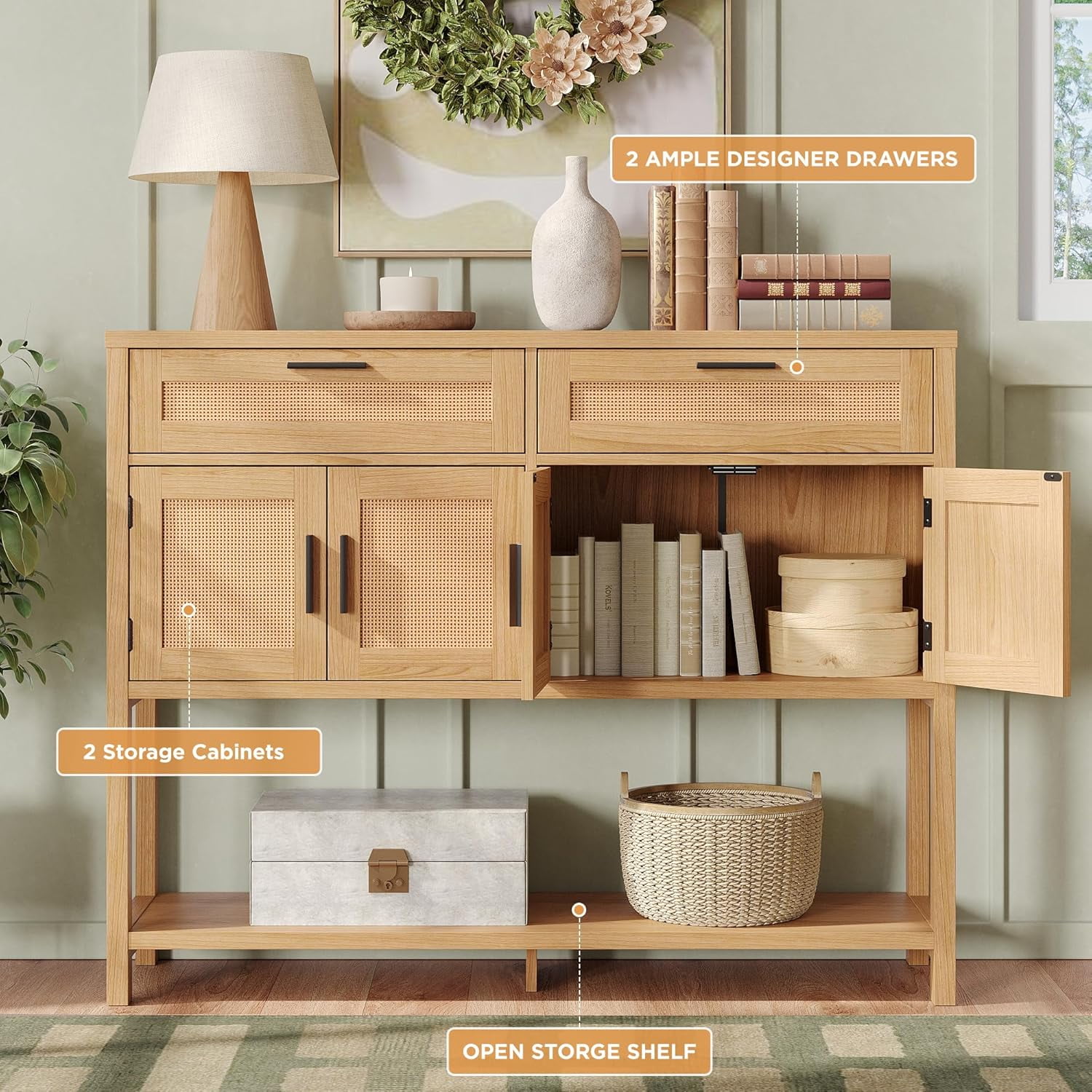Vabches 47.2" W Rattan Console Table with 2 Drawer, Entryway Tables with 4 Doors and Open Storage Shelf, Sofa Table for Living Room Foyer Hallway Dining