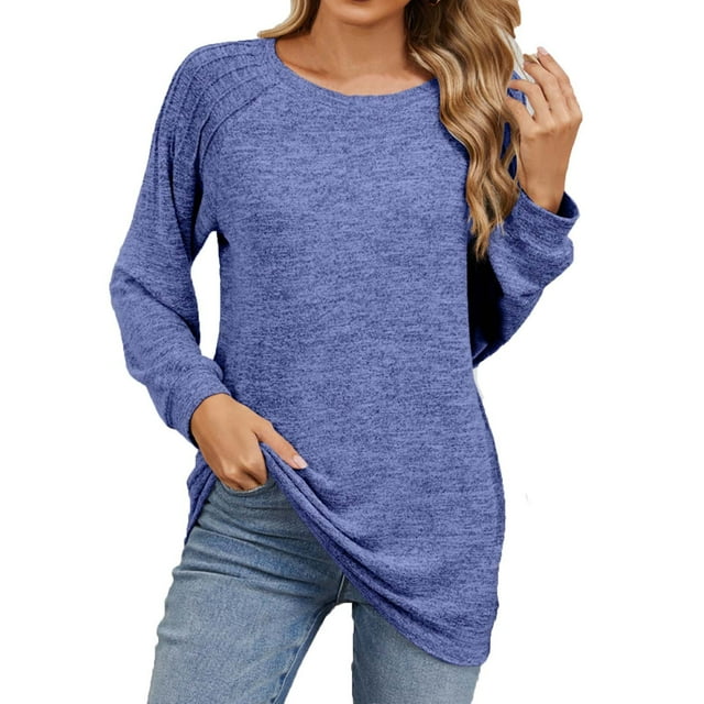 Timegard Womens Tops Round Neck Long Sleeve Solid Color Tee Shirts Dressy Casual Loose Warm Tops Fall