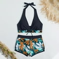 thumbnail image 4 of up to 30% off Usmixi Sexy Swimsuits for Women 2 Piece Tie High Waist Tummy Control Swimsuits Bathing Suits Sleeveless V-Neck Leaves Print Swimwears Bikini Sets Navy L Up to 65% off, 4 of 7