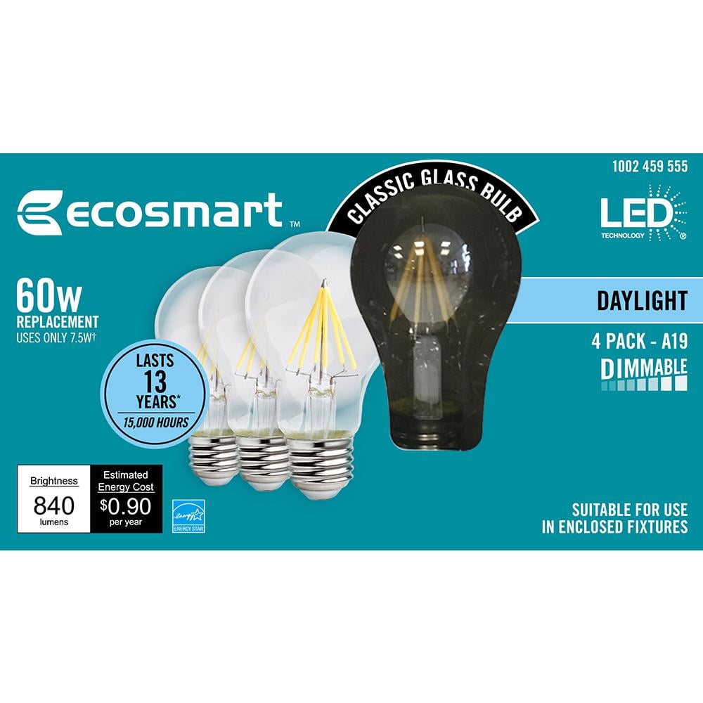 EcoSmart 60-Watt Equivalent A19 Dimmable Energy Star Clear Filament Vintage Style LED Light Bulb Daylight (4-Pack)