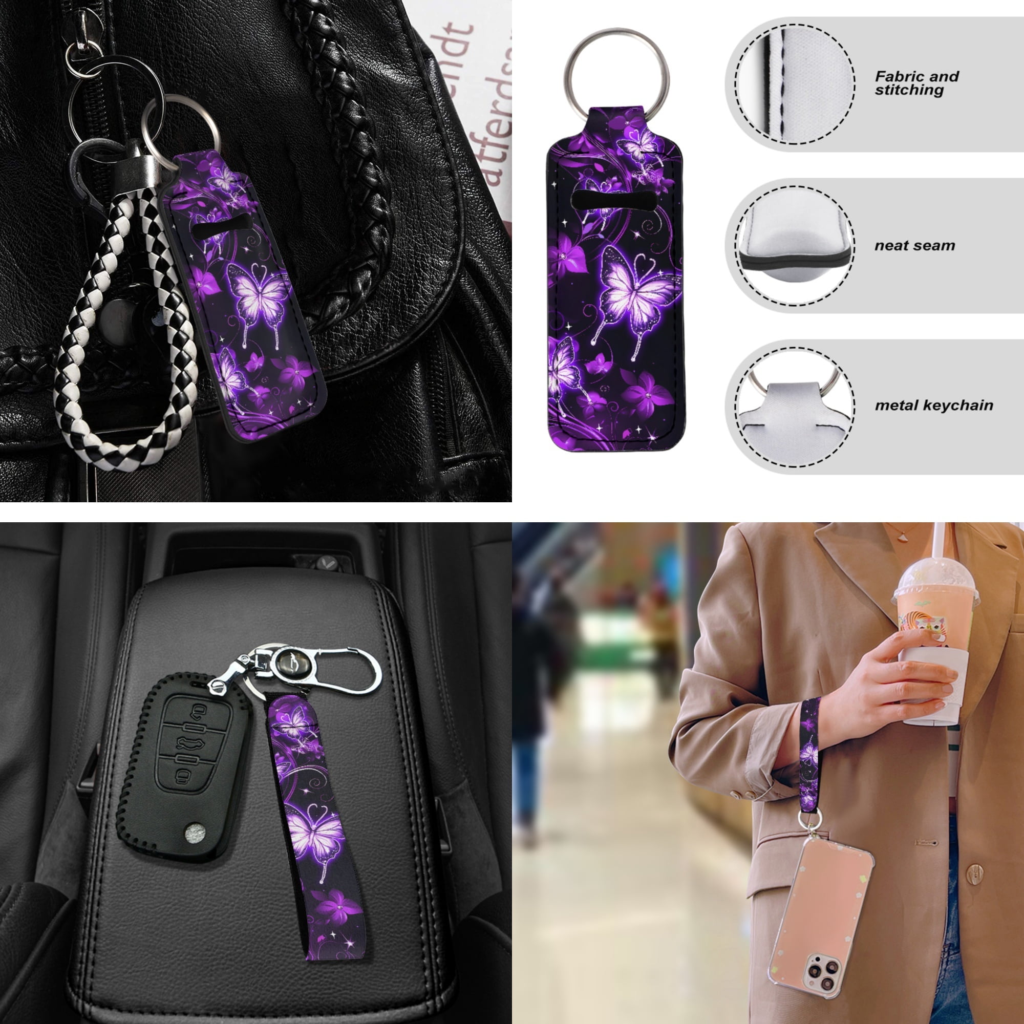 Jeiento Butterfly Car Seat Cover Full Set Car Floor Mats Steering Wheel Cover Seatbelt Pad Armrest Cover Coaster Keychains Chapstick Holder 17 Pack Auto Interior Accessories, Purple