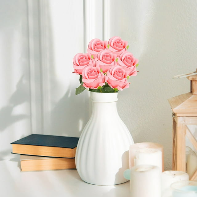 12Pcs Artificial Flowers Fake Roses, Realistic Silk Long Stem Red Roses Bouquet for Wedding Centerpiece Home Decor Party & Valentines,Pink*12