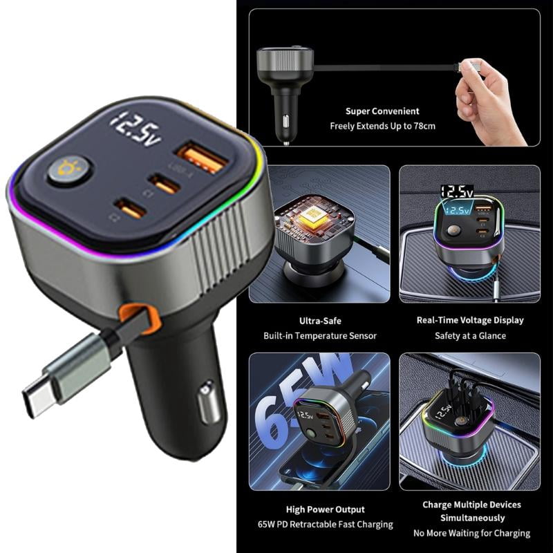 CEORPER Fast Charging Adapter USB C Car Charger Including Retractable Cable Safety