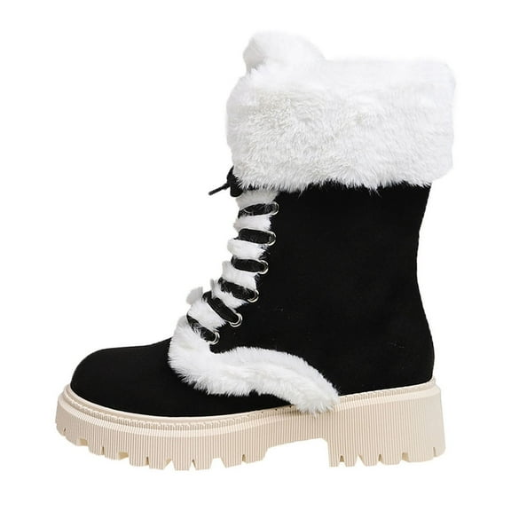 Tao Tao Women's Fleece Lined Snow Boots, Winter Warm Lace Up Flat Mid Calf Boots, Thermal Outdoor Chunky Boots Black 37