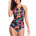 thumbnail image 2 of Maillots de Bain Amincissants une Pièce pour Femmes Contrôle du Ventre Maillot de Bain Rétro à Licou pour Femme à Forte Poitrine (Fleurs Rouges et Noires Taille:L), 2 of 7