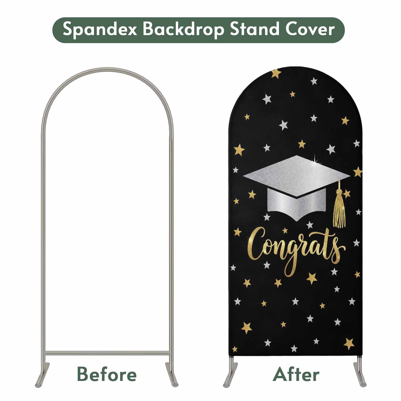Congratulate Graduate Season Arch Backdrop Cover 7.2 FT Graduation Hat Golden Sliver Star Black Stretchy Arch Stand Covers Spandex Arched Background Birthday Wedding Party Decoration (No Stand)