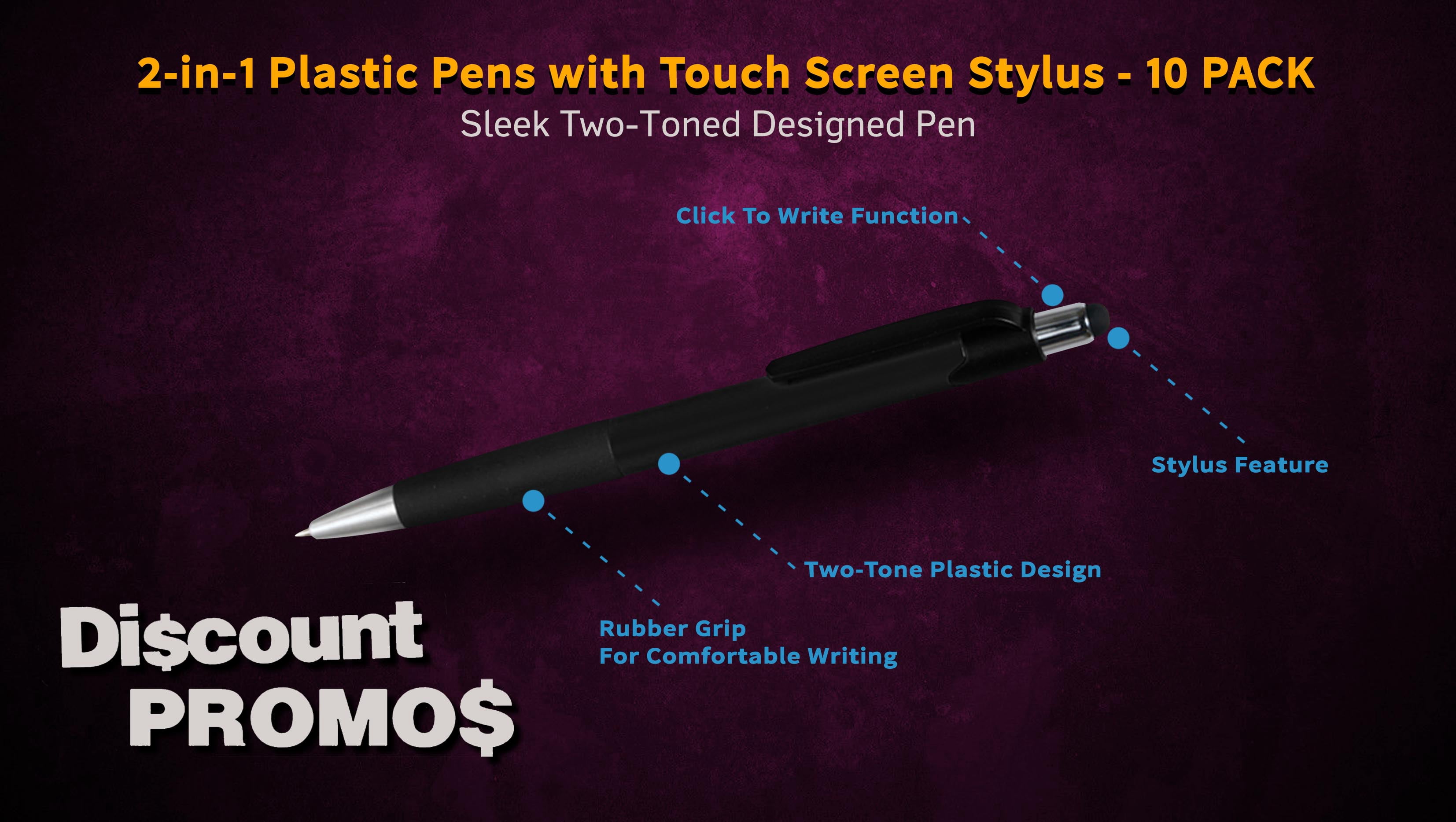 Pens with Touch Screen Stylus - 10 pack - Plastic Pens - Metallic Black