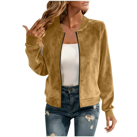 ZQGJB Women's Faux Suede Short Bomber Jacket Coat Lightweight Casual Fall Long Sleeve Stand Collar Windbreaker Full Zip Up Fashion Outerwear Tops Gold S