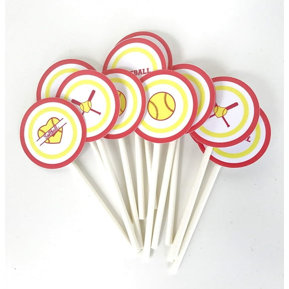Softball Cupcake Toppers 12pcs , Cake Picks , Soft Birthday Decoration Party Supplies, Team Baby Shower Themed Celebration