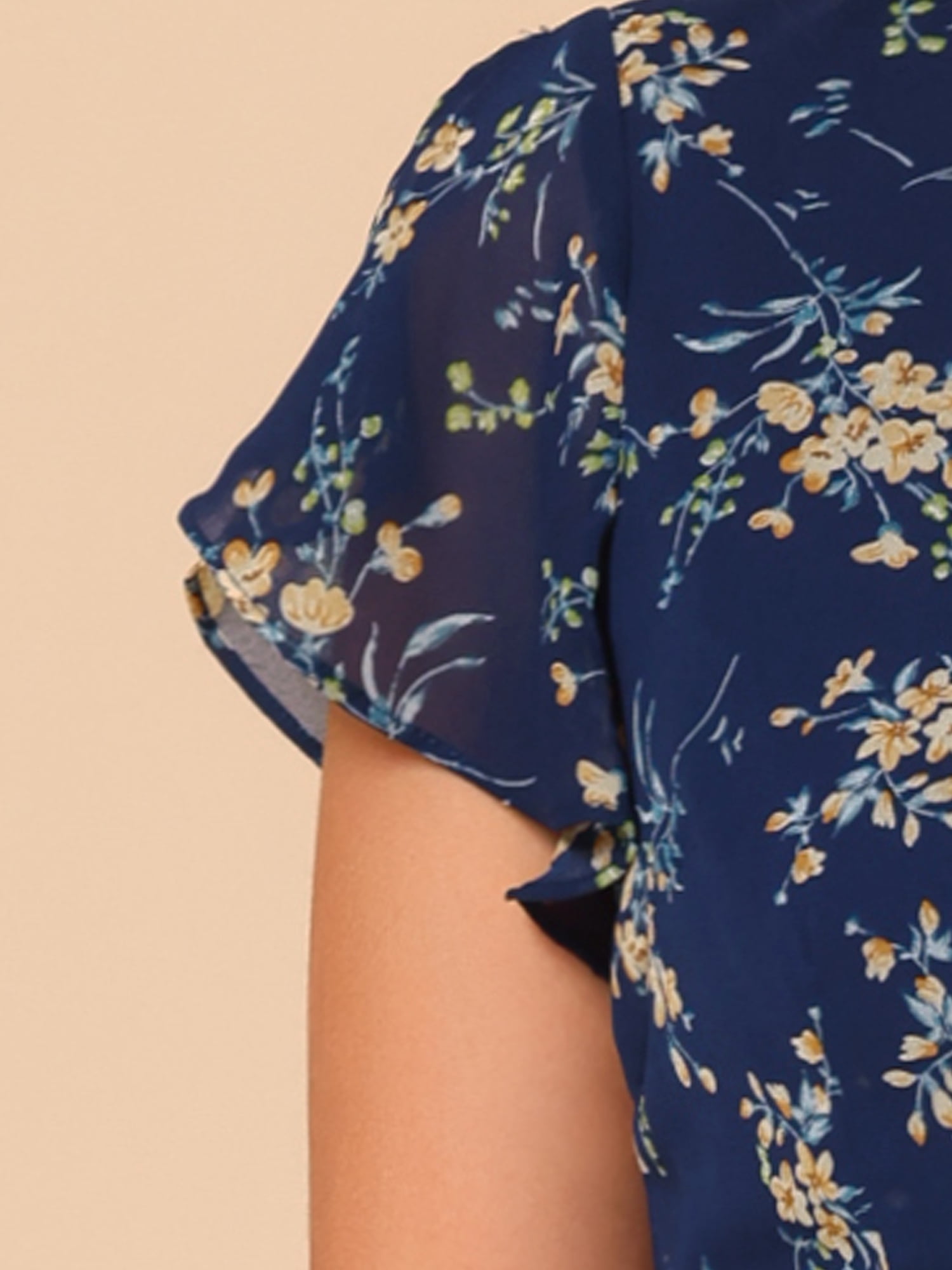 DARING DIVA Floral Wrap V Neck Tie Waist Peplum Blouse L Dark Blue