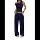 thumbnail image 1 of Conjuntos de Dos Piezas para Mujer, Top Corto Informal de un Solo Hombro, Pantalones Anchos y Conjuntos Y2K A Juego. Azul Marino L, 1 of 7