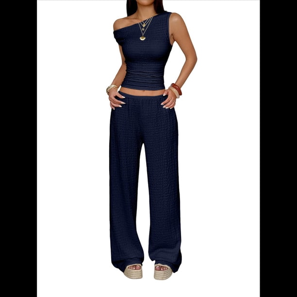 Conjuntos de Dos Piezas para Mujer, Top Corto Informal de un Solo Hombro, Pantalones Anchos y Conjuntos Y2K A Juego. Azul Marino L