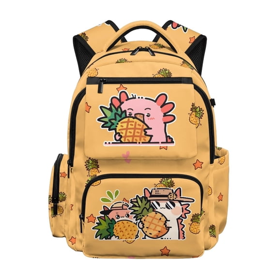 Yspwyqan Cute Axolotl Pineapple School Backpack for Kids, 17 Inch 600D Polyester Lightweight Bookbag Fits 15.6 Laptop, Multi-Pocket for Elementary Middle Travel Hiking