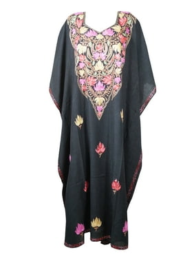 Mogul Women Black Embroidered Maxi Kaftan Long Summer Dress Floral Kimono Sleeves Resort Wear Lounger Cover Up Caftan 3XL