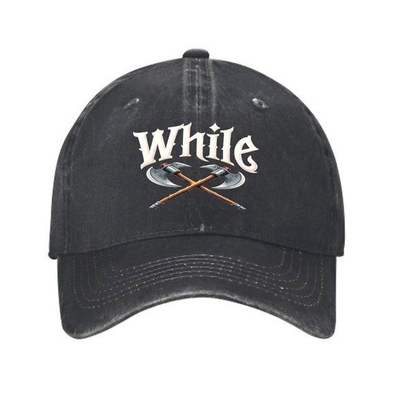 Vintage Distressed Black Baseball Cap with ' While ' Crossed Axes Design - Cotton Washed Golf Dad Hat for Men & Women