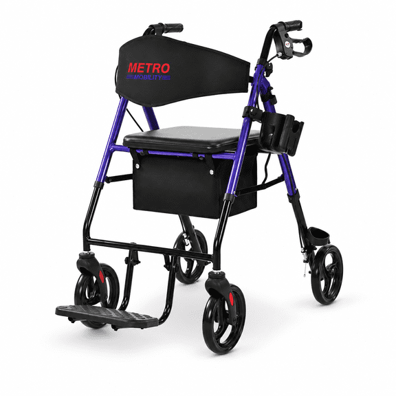 Metro Mobility 2 in 1 Rollator Walker & Transport Wheelchair, Foldable Lightweight Rollator Walker with Seat, 8" Big Wheels for All Terrain, 300 lb. Weight Capacity, RED