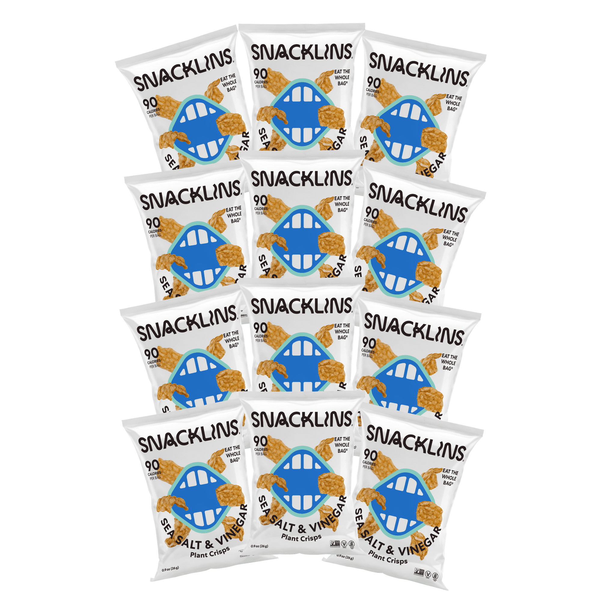 SNACKLINS Plant Based Crisps Vegan Healthy Snacks - Gluten Free, Grain Free, Plant Based Crisps, 100% Kosher, Low Calorie and No Added Sugar, Crunchy, Puffed Snack - Sea Salt & Vinegar, Pack of 12