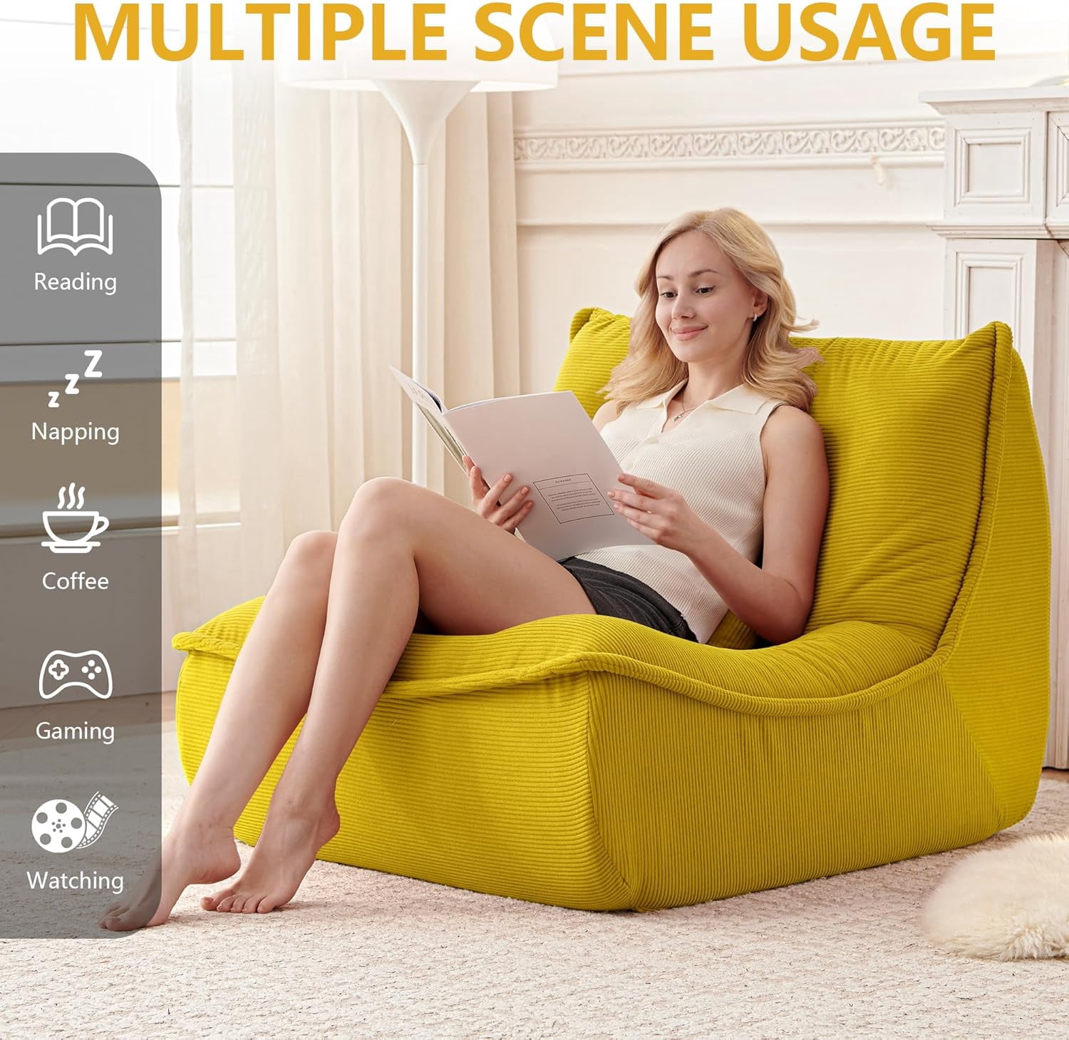 NBLDGT Bean Bag Chair for Adults, Single Lounge Chair with Lumbar Pillow, Comfy Floor Sofa with High-Resilience Foam, Lazy Accent Chair for Living Room, Bedroom, Apartment, Or Reading Corner, Yellow