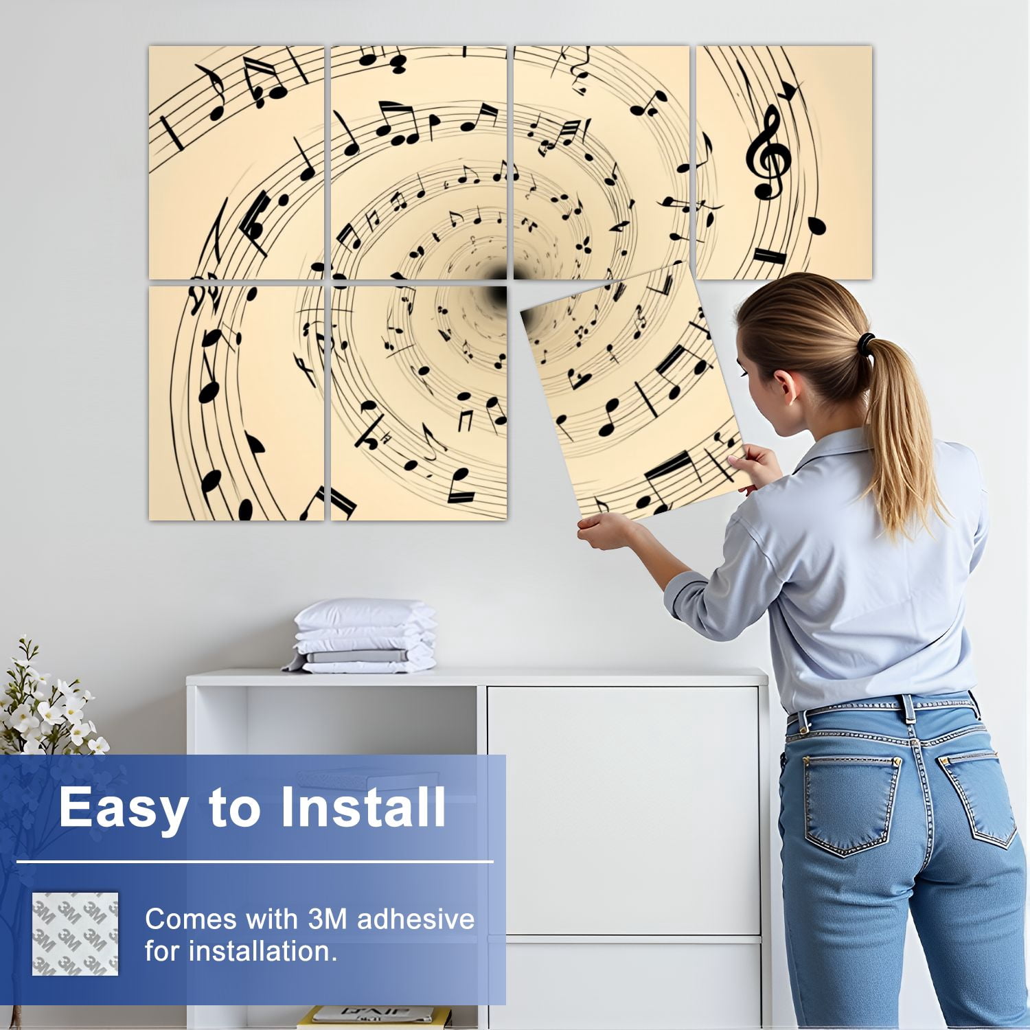8 Pack Art Acoustic Panels Sound Absorbing Abstract Spiral Black Musical Notes Beige Decorative Soundproof Wall Panels Self Adhesive for Nursery Game Room Bedroom 48"x32"