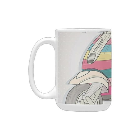

Motorcycle Decor Collection Vintage Unique Scooter in Pale Soft Colored Illustration Outside Transpo Ceramic Mug (15 OZ) (Made In USA)