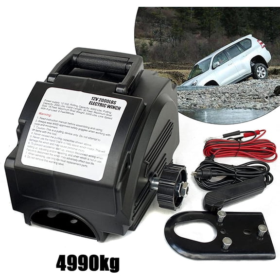 DENEST Portable Electric Trailer Winch 2000 LB Remote Towing Hitch Truck Trailer Boat with Remote Control and Hand Crank 12V 300W