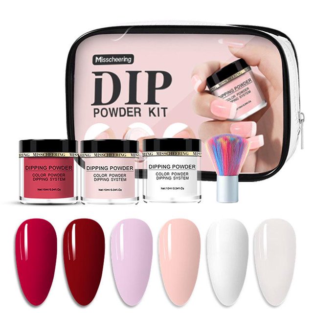 Dip Powder Kit with a multicolour dipping powder set featuring six vibrant nail polish shades, base and top coat, activator, brush saver, and a colorful manicure brush. Long-lasting and chip-resistant, this kit is perfect for salon or home DIY nail art.