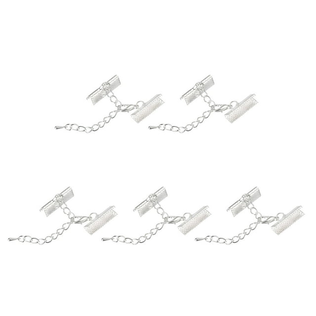 Unique Bargains 10Set Ribbon Crimp Clamp Ends Lobster Claw Clasps & Chain 20mm Silver White for DIY