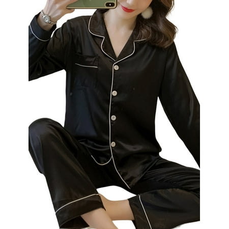 

VSNOW Women Satin Long Sleeve Button Up Pajamas Loungewear Nightwear Pjs Set