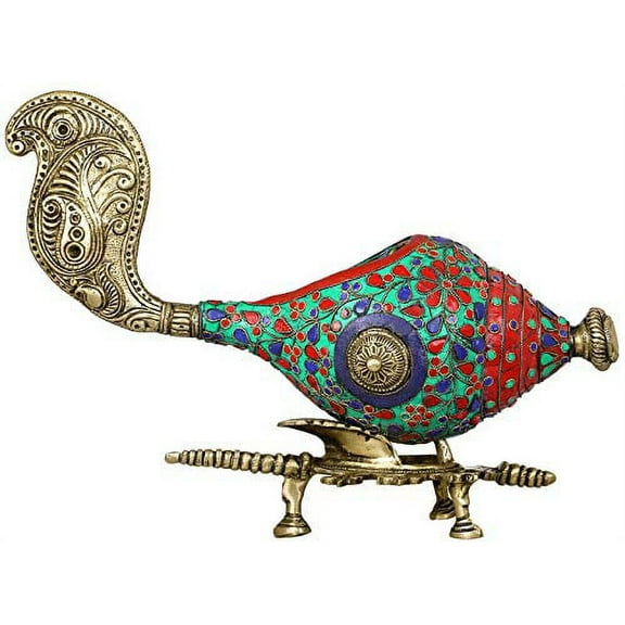 Exotic India Stylized Conch on Stand - Brass Statue with Inlay Work