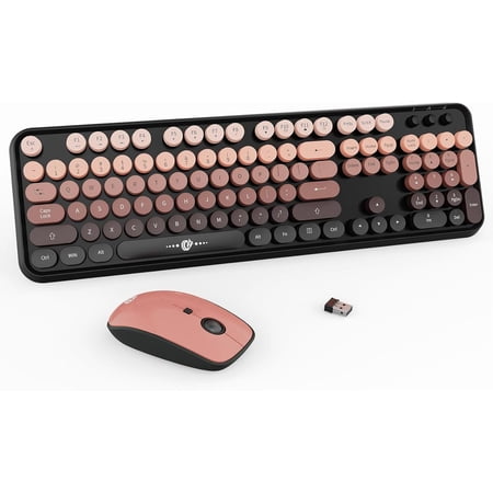 Wireless Keyboard and Mouse Combo - 2.4G Full-Sized Cute Colorful Mouse and Keyboard with 104 Round Keys Retro Typewriter Keyboard for Laptop/Windows/PC - ack Gradient