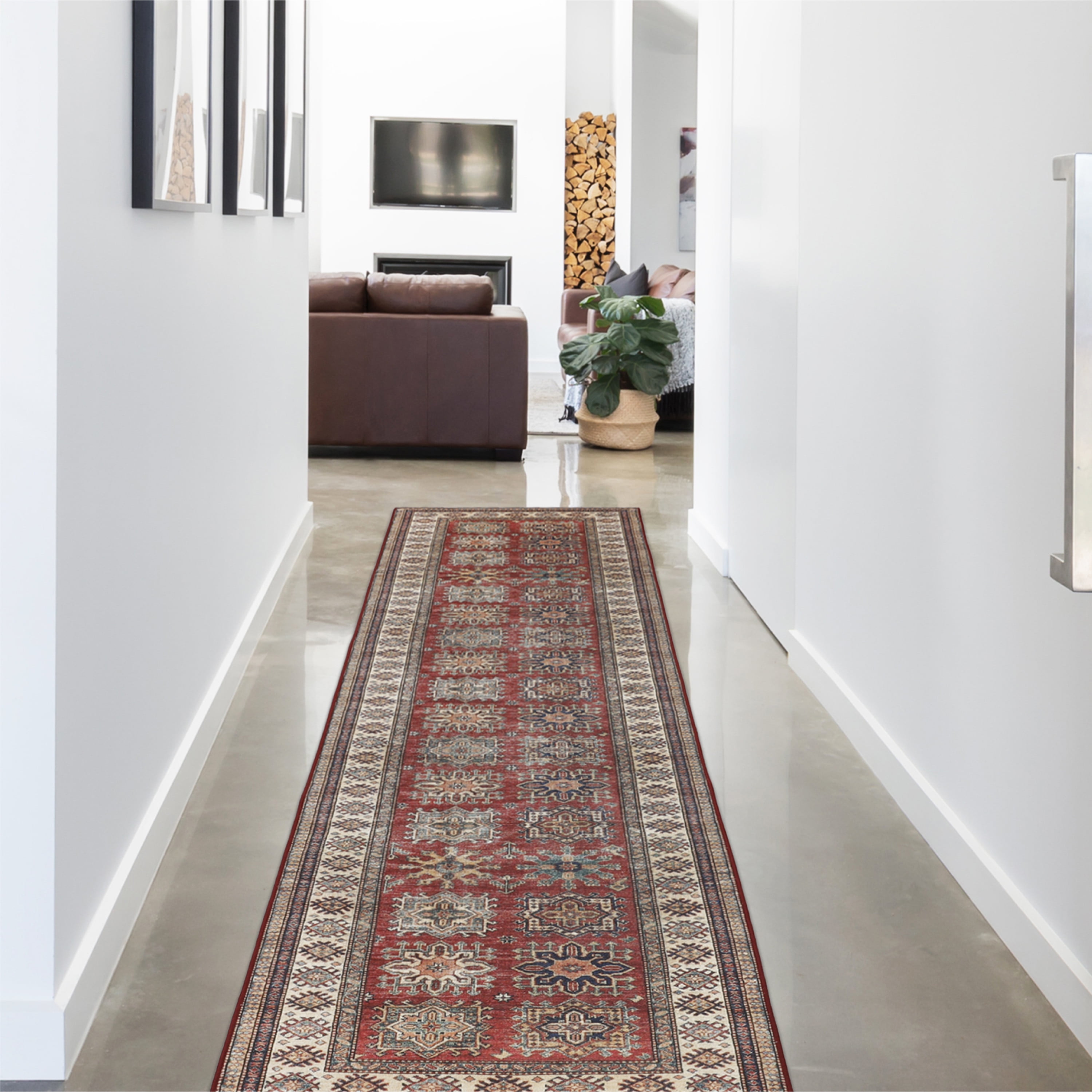 Washable Skid-Resistant Runner Rug Geometric Red 24
