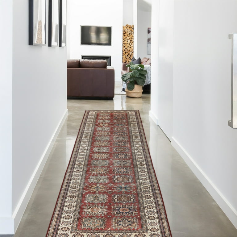 Washable Skid-Resistant Runner Rug Geometric Red 24