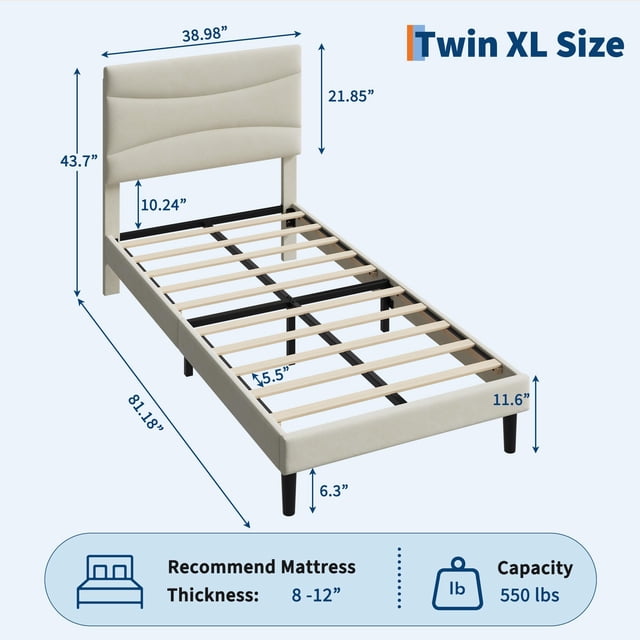 Kojooin Bed Frame with Headboard, Upholstered Platform Bed with Sturdy Wood Slats, No Box Spring Needed