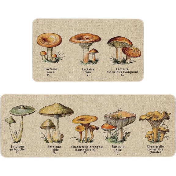 Mushroom Kitchen Rug Sets 2 Piece Farmhouse Flowers Kitchen Mats for Floor Non Slip Washable Thin Kitchen Area Rug Floor Mat Waterproof Hallway Laundry Room Runner Rug