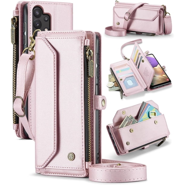 funda billetera para Samsung Galaxy A32 con Protección RFID, Ranuras para tarjetas, Pata de Cabra, Correa Desmontable-Funda para teléfono tipo Bandolera con Tapa de Cuero PU a prueba