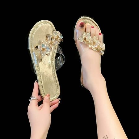 

FAKKDUK Flower Sandals For Women Women s Summer Casual Slippers Ladies Fashion Flower Decoration Beach Flat Slippers Flat Slide Sandals for Women Womens Open Toe Summer Dressy Sandals 6&Gold