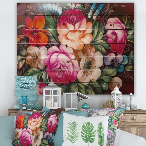 Designart 'Vintage VIbrant Yellow and Red Flower Still Life III' Traditional Print on Natural Pine Wood