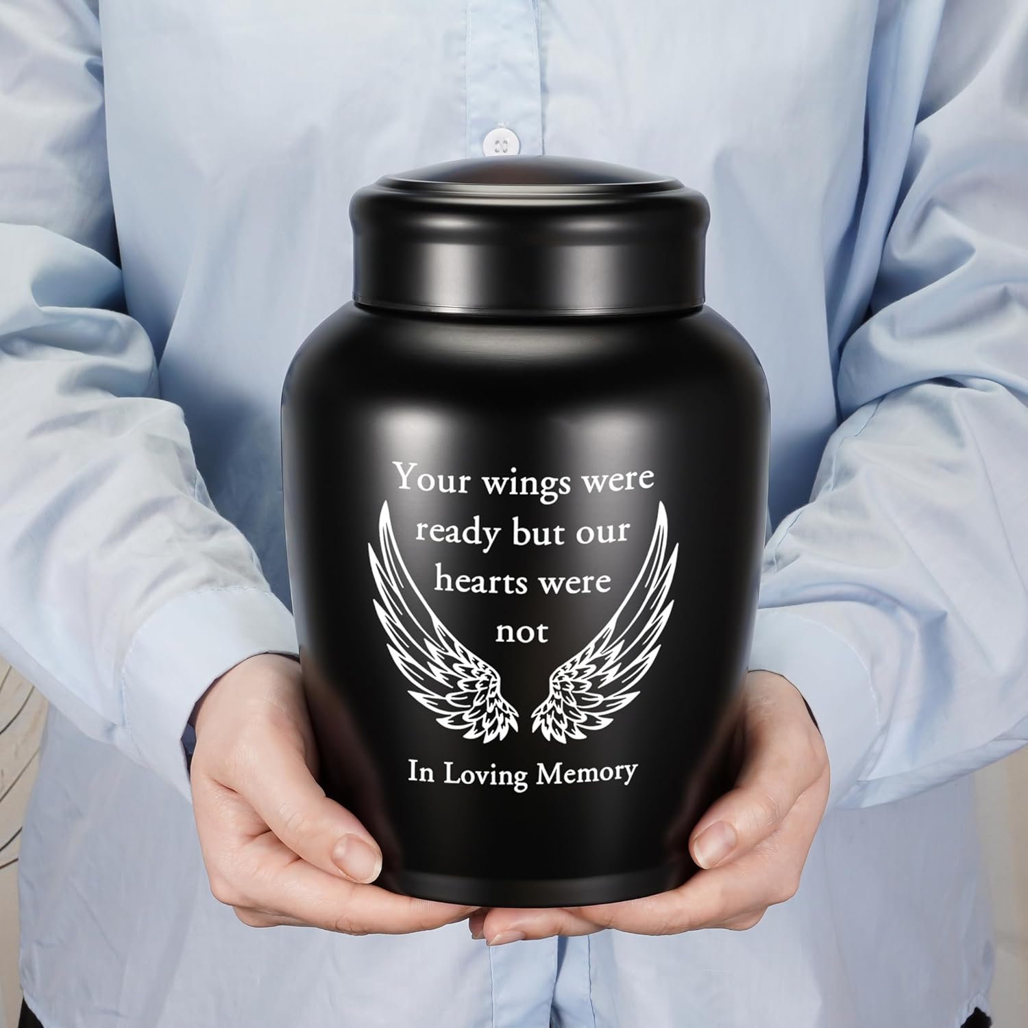 XIUDA Large Stainless Steel Urn for Human Ashes - 8.5 Inch Decorative Funeral Urn, Wings Cremation Keepsake for Men Women, Black Memorial Keepsake for Ashes