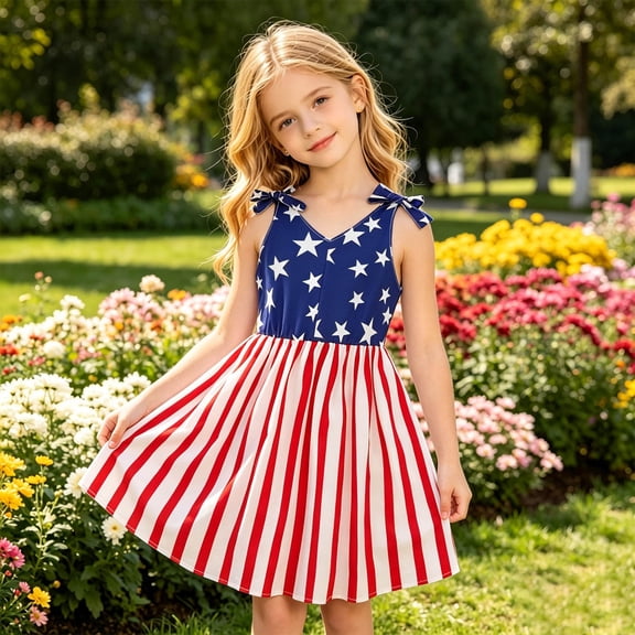 Weebloom 4Th Of July Dress For Girls Print Strappy Dress Comfortable Everyday Dress With Patriotic Graphic Girls Sundress