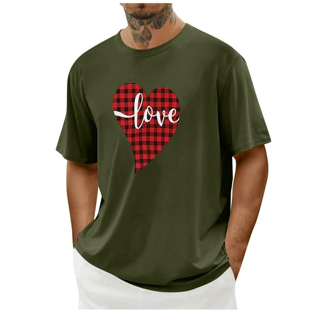 Tops para hombre, blusas y camisas de cuello redondo y manga corta para hombre. Camiseta/camisa informal de cuello redondo y manga corta con estampado de corazones para hombre. Tops de poliéster para