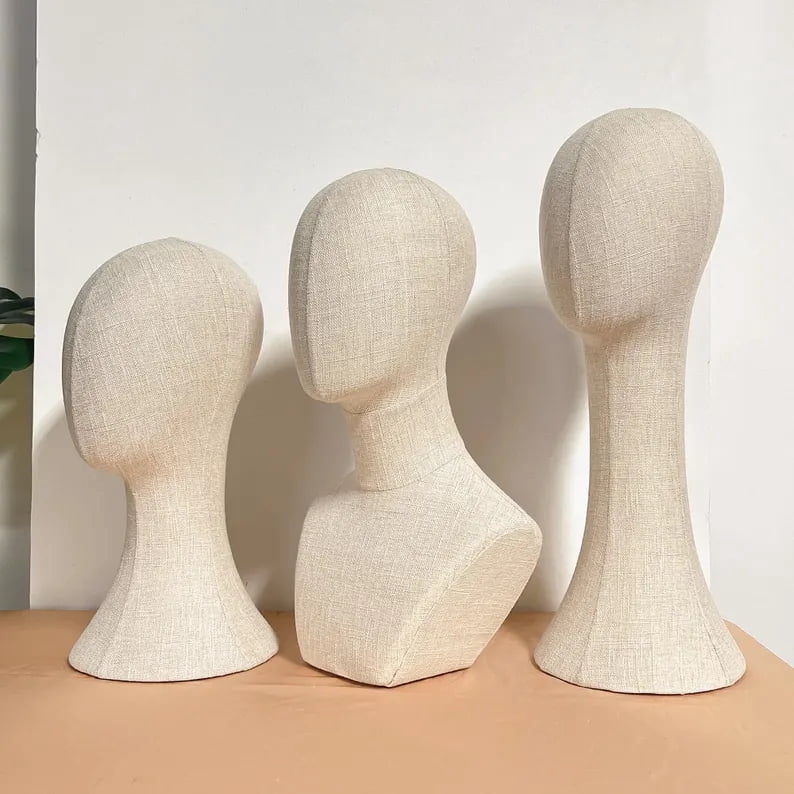 DE-LANG Bamboo Linen Mannequin Head with Long Neck, Pinnable Display for Hats, Wigs, Scarves & Jewelry