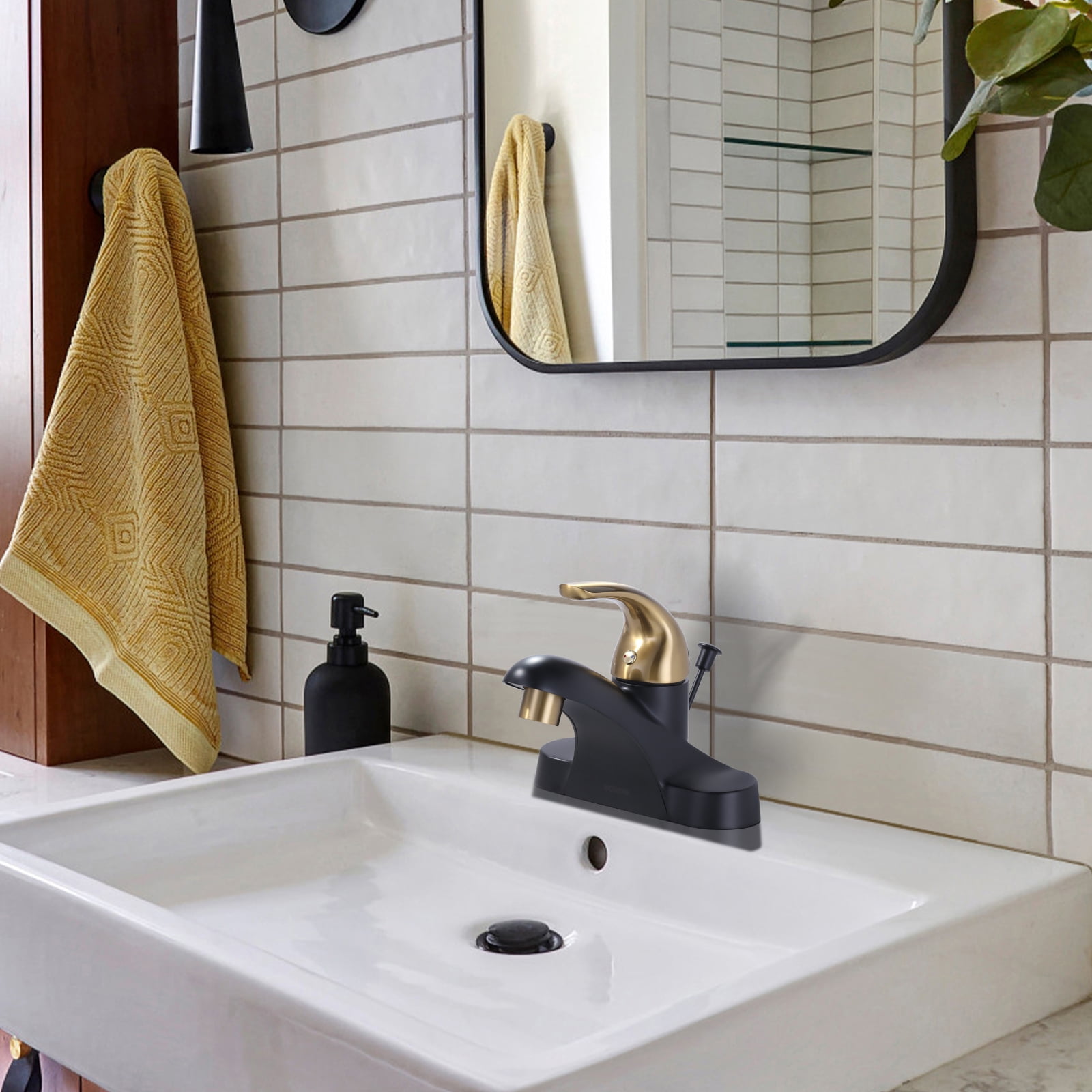 Wowow 4 in. Centerset Single Handle Low Arc Bathroom Faucet with Lift Rod Drain Assembly Included in Gold and Black, Rv Lavatory Taps 3 Hole
